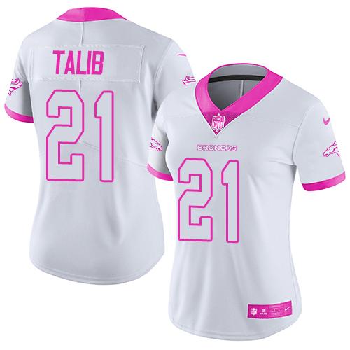 Nike Broncos #21 Aqib Talib White/Pink Women's Stitched NFL Limited Rush Fashion Jersey